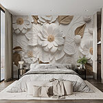 Papier peint Fleurs et feuilles blanches et brunes