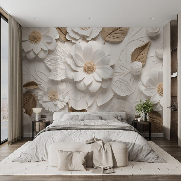 Fleurs et feuilles blanches et brunes Papier peint Fleurs et feuilles blanches et brunes