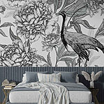 Papier peint Oiseau et fleurs sur fond blanc