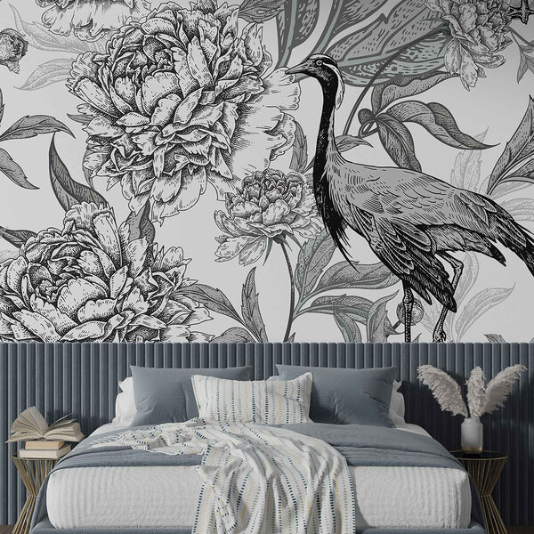 Oiseau et fleurs sur fond blanc Papier peint Oiseau et fleurs sur fond blanc