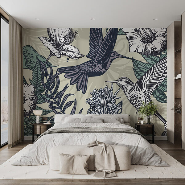 Oiseau volant au-dessus des fleurs Papier peint Oiseau volant au-dessus des fleurs