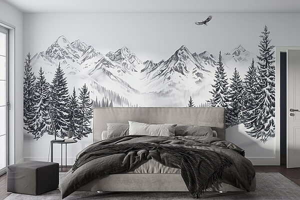 Paysage de montagne enneigée avec des arbres et un oiseau en vol Papier peint Paysage de montagne enneigée avec des arbres et un oiseau en vol