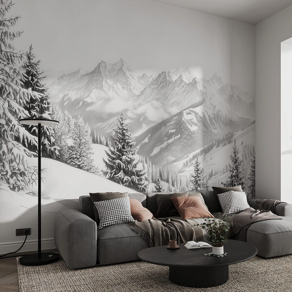 Papier peint Montagne enneigée avec arbres et montagnes en arrière-plan