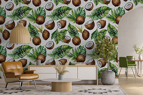 Motif de noix de coco et de feuilles Papier peint Motif de noix de coco et de feuilles