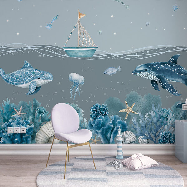 Papier peint Papier peint Vie marine avec un bateau et des poissons (UGS : w02310v3)