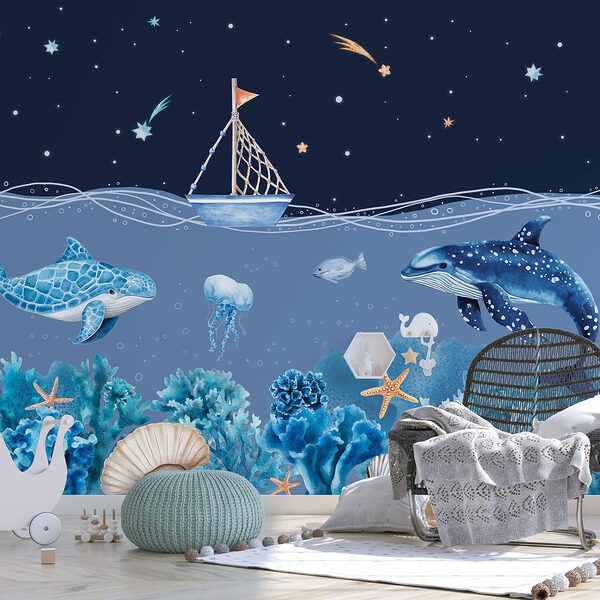 Vie marine avec un bateau et une baleine Papier peint Vie marine avec un bateau et une baleine