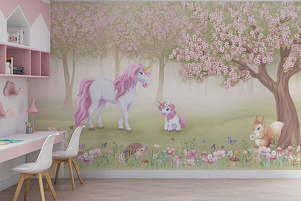 Licorne et écureuil dans une forêt Papier peint Licorne et écureuil dans une forêt