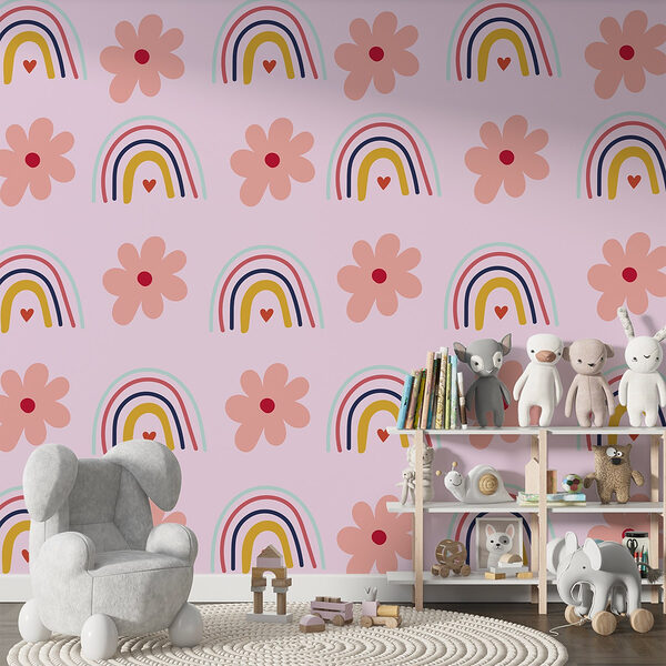 Motif de fleurs et d'arcs-en-ciel Papier peint Motif de fleurs et d'arcs-en-ciel