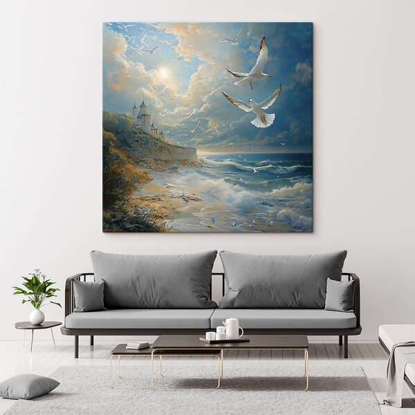 Peinture d'oiseaux volant au-dessus d'une plage Tableaux Peinture d'oiseaux volant au-dessus d'une plage