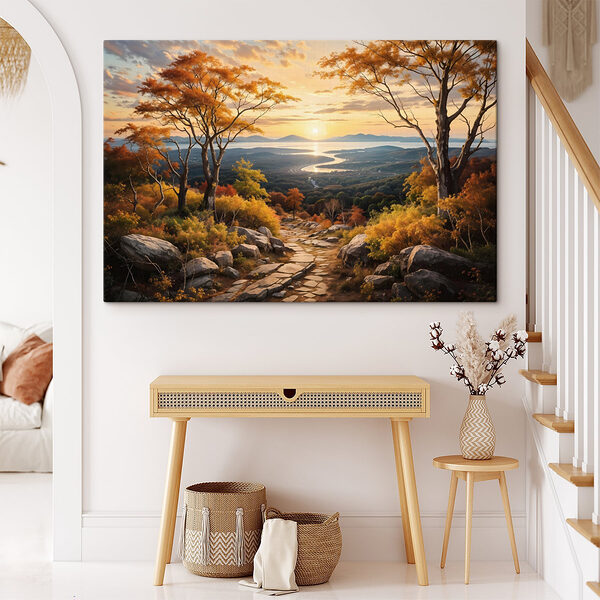 Chemin dans une vallée avec des arbres et une rivière Tableaux Chemin dans une vallée avec des arbres et une rivière