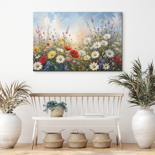 Champ de fleurs avec ciel bleu et nuages Tableaux Champ de fleurs avec ciel bleu et nuages