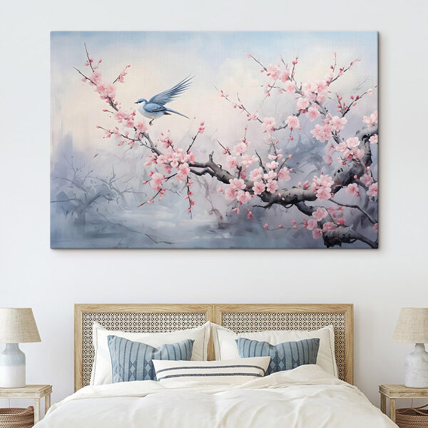 Oiseau sur une branche avec des fleurs roses Tableaux Oiseau sur une branche avec des fleurs roses