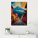 Tableaux Peinture d'une rue avec des bâtiments et une montagne en arrière-plan