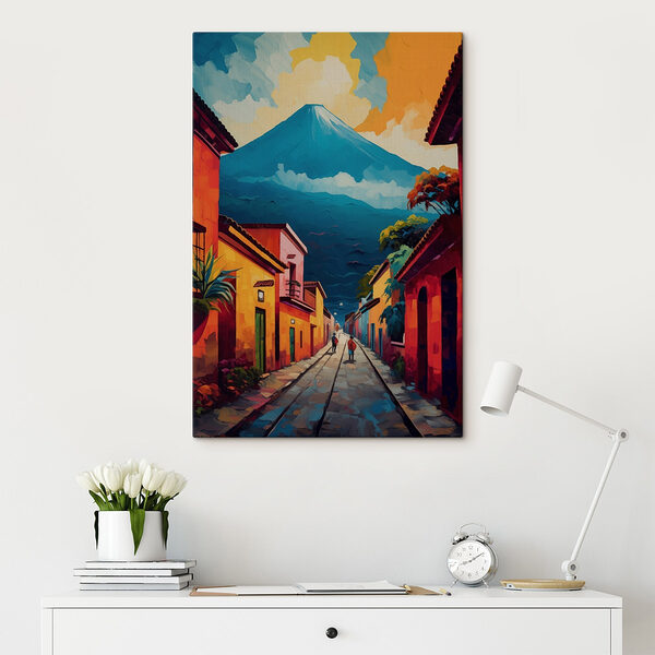 Peinture d'une rue avec des bâtiments et une montagne en arrière-plan Tableaux Peinture d'une rue avec des bâtiments et une montagne en arrière-plan