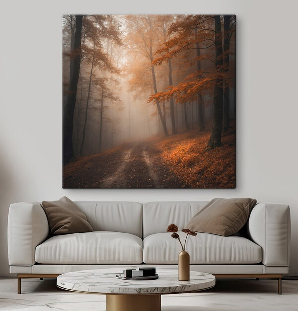 Forêt brumeuse avec arbres et feuilles Tableaux Forêt brumeuse avec arbres et feuilles
