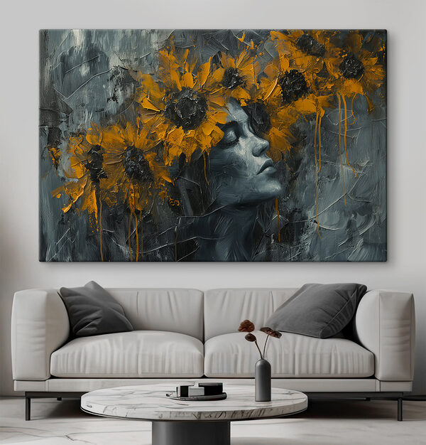 Peinture d'une femme avec des fleurs jaunes Tableaux Peinture d'une femme avec des fleurs jaunes