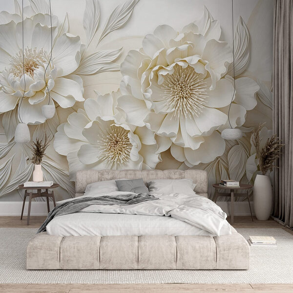 Papier peint Fleurs blanches avec feuilles