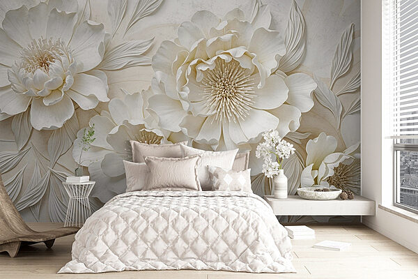 Fleurs blanches avec feuilles Papier peint Fleurs blanches avec feuilles