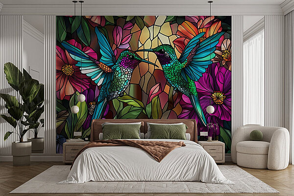 Vitrail avec des oiseaux colorés Papier peint Vitrail avec des oiseaux colorés