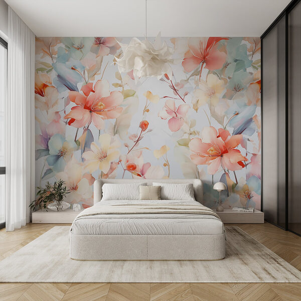 Fleurs colorées sur fond blanc Papier peint Fleurs colorées sur fond blanc