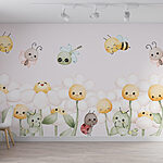 Papier peint Groupe d'insectes et de fleurs en dessin animé