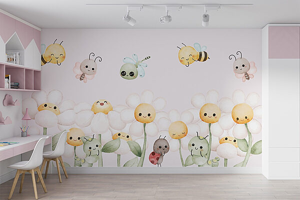 Groupe d'insectes et de fleurs en dessin animé Papier peint Groupe d'insectes et de fleurs en dessin animé