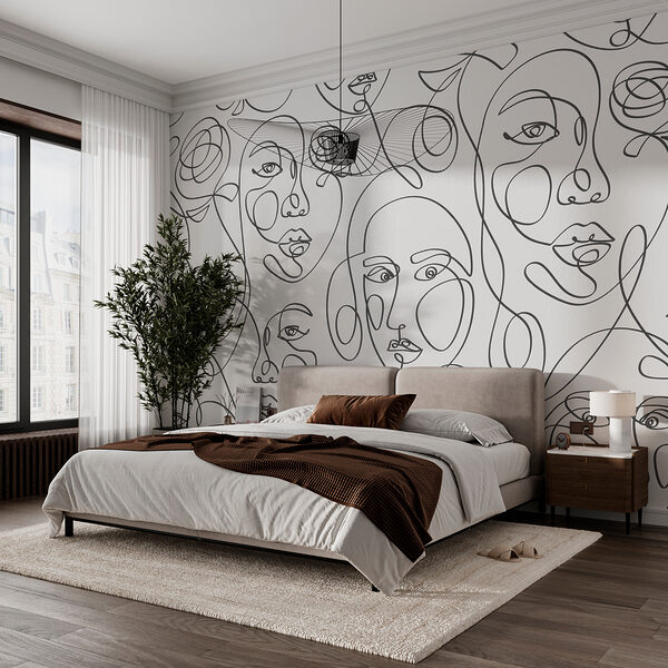 Motif de visages dessinés avec des lignes noires Papier peint Motif de visages dessinés avec des lignes noires