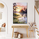Tableaux Aquarelle d'un lac avec des arbres et de l'herbe