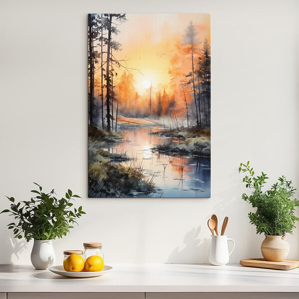 Aquarelle d'une rivière avec des arbres et des plantes Tableaux Aquarelle d'une rivière avec des arbres et des plantes