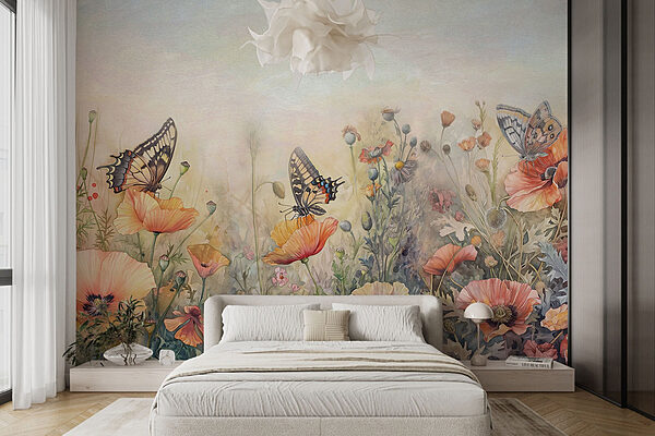 Papillons sur des fleurs dans un champ Papier peint Papillons sur des fleurs dans un champ