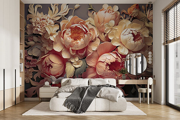 Groupe de fleurs sur fond gris Papier peint Groupe de fleurs sur fond gris