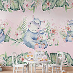 Papier peint Motif sans couture d'hippopotames et de fleurs en aquarelle