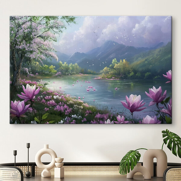 Rivière avec fleurs et montagnes en arrière-plan Tableaux Rivière avec fleurs et montagnes en arrière-plan