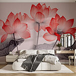 Papier peint Groupe de fleurs roses avec feuilles
