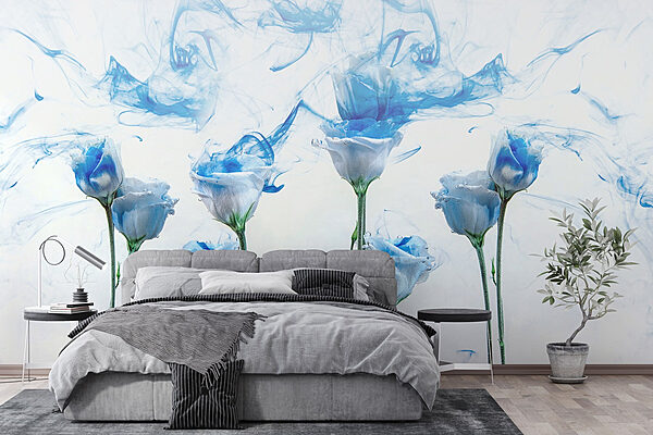 Groupe de fleurs à l'encre bleue dans l'eau Papier peint Groupe de fleurs à l'encre bleue dans l'eau