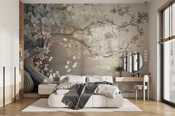 Papier peint Papier peint Arbre blanc avec des fleurs blanches (UGS : w02133)