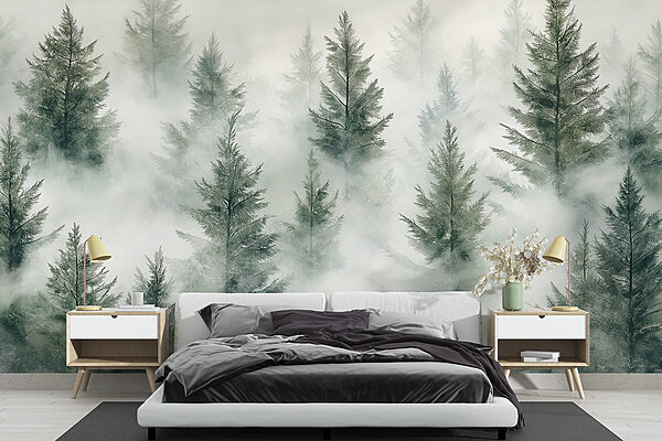 Groupe d'arbres avec brouillard Papier peint Groupe d'arbres avec brouillard