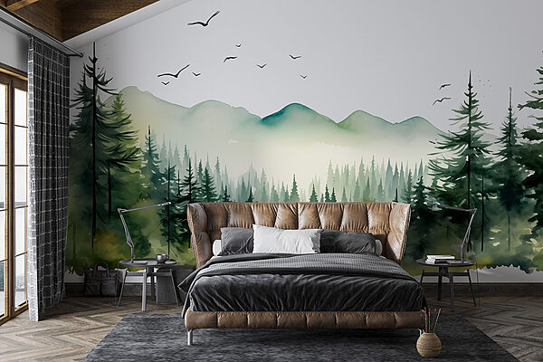 Aquarelle d'une forêt et de montagnes Papier peint Aquarelle d'une forêt et de montagnes