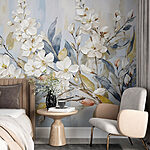 Papier peint Peinture de fleurs et de feuilles blanches