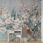 Papier peint Peinture de fleurs sur fond bleu