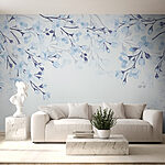 Papier peint Fleurs blanches et bleues sur fond blanc