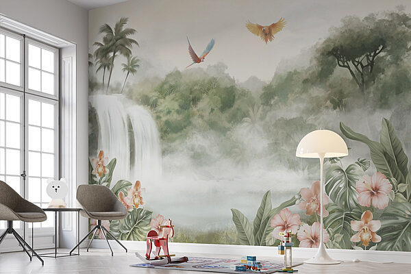 Chute d'eau avec des oiseaux qui la survolent Papier peint Chute d'eau avec des oiseaux qui la survolent