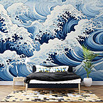 Papier peint Motif de vagues bleu et blanc
