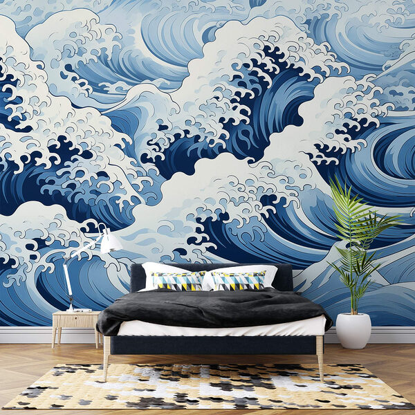 Motif de vagues bleu et blanc Papier peint Motif de vagues bleu et blanc