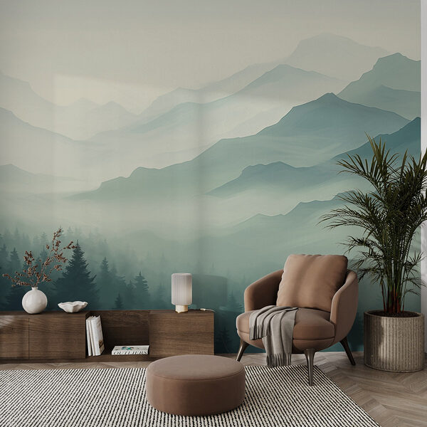 Wall murals Foggy mountain landscape with trees Papier peint Wall murals Foggy mountain landscape with trees