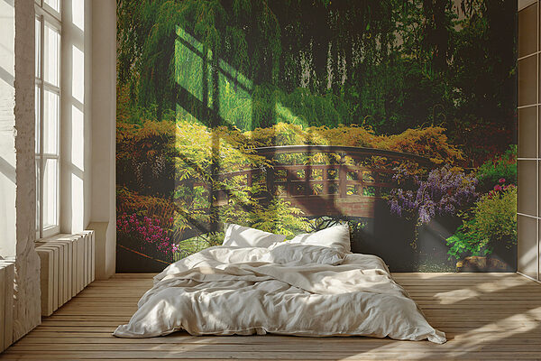 Pont sur l'eau avec des arbres et des plantes Papier peint Pont sur l'eau avec des arbres et des plantes