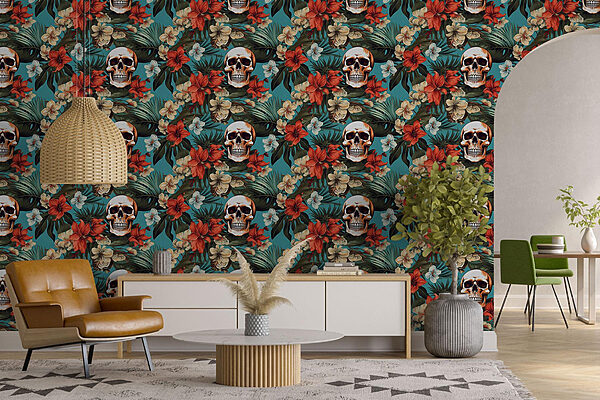 Motif de fleurs et de crânes Papier peint Motif de fleurs et de crânes
