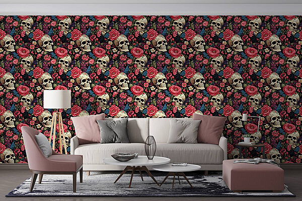 Motif de crânes et de fleurs Papier peint Motif de crânes et de fleurs