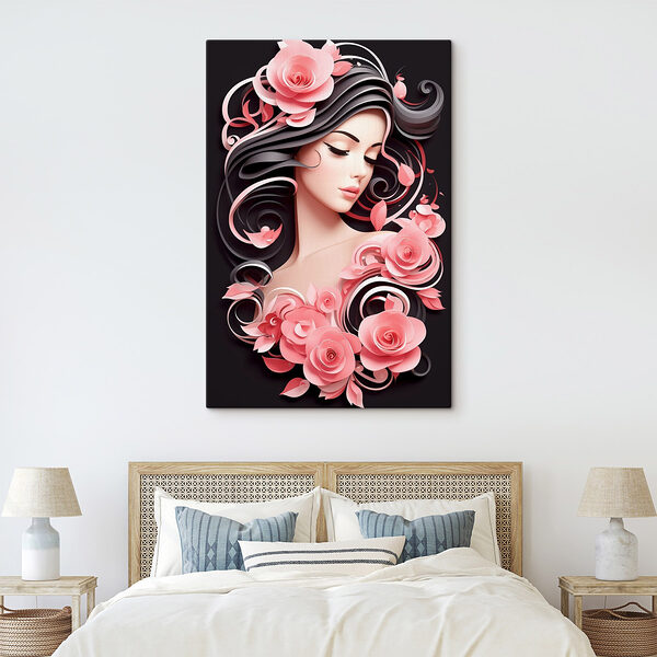 Femme aux cheveux longs et aux fleurs roses Tableaux Femme aux cheveux longs et aux fleurs roses