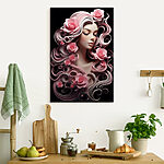 Tableaux Femme avec des fleurs roses et des cheveux longs